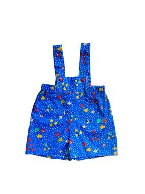 Vintage 90s Blue Polka Dot Kids Suspender Shorts with Colorful Print